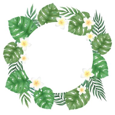 Beyaz arka planda izole edilmiş canavar yapraklarından ve palmiye dallarından elde çizilmiş suluboya resimleri. Davetiye, poster, baskı, kart için tropik tasarım