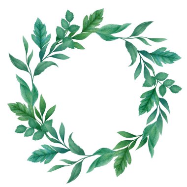 Elle çizilmiş suluboya resimli mavi yeşil yapraklardan ve beyaz arka planda izole dallardan oluşan çelenkler. Düğün davetiyesi, poster, kart için botanik tasarım çerçevesi