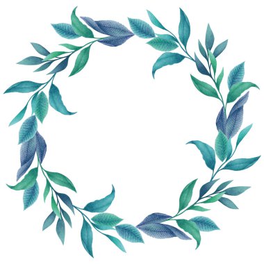 Mavi yapraklardan ve beyaz arka planda izole edilmiş dallardan elde çizilmiş çiçek çelenkleriyle suluboya resimleri. Düğün davetiyesi, poster, tebrik kartı için botanik tasarım çerçevesi