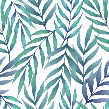 Mavi el çizilmiş palmiye yaprakları ve beyaz arka planda izole edilmiş dallarla suluboya desenli. Tekstil tasarımı için tropik illüstrasyon, baskı, kumaş, duvar kağıdı