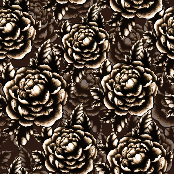 Płynny Wzór Ręcznie Rysowane Kwiaty Izolowane Brązowym Tle Ilustracja Kwiatowa — Zdjęcie stockowe