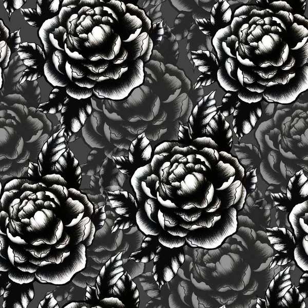 Modello Senza Cuciture Con Fiori Monocromatici Disegnati Mano Isolati Sfondo — Foto Stock