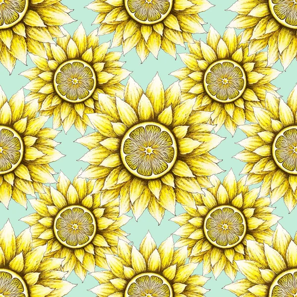 Motif Sans Couture Avec Tournesols Dessinés Main Citrons Isolés Sur — Photo