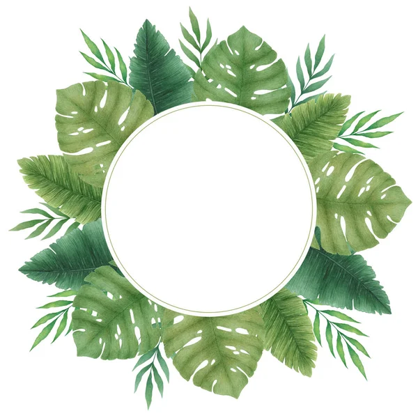 Ilustração Aquarela Com Moldura Floral Redonda Desenhada Mão Folhas Monstera — Fotografia de Stock