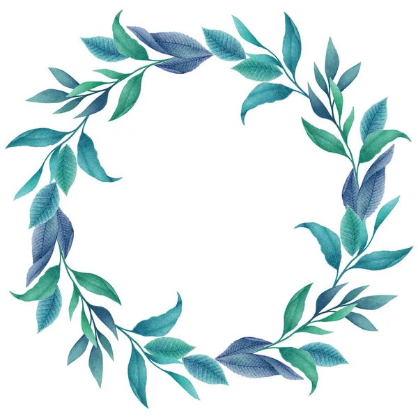 Akwarela Ilustracja Ręcznie Rysowane Okrągły Wieniec Kwiatowy Niebieskich Liści Gałęzi — Zdjęcie stockowe