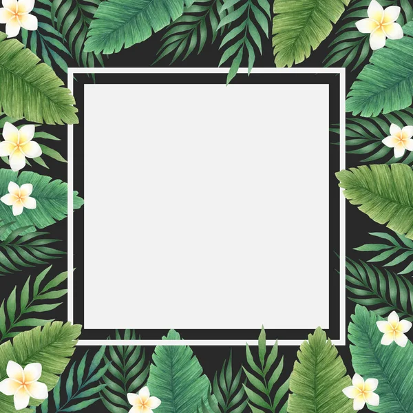 Watercolor Illustration Square Banner Hand Drawn Floral Frame Palm Leaves — Stock Photo, Image