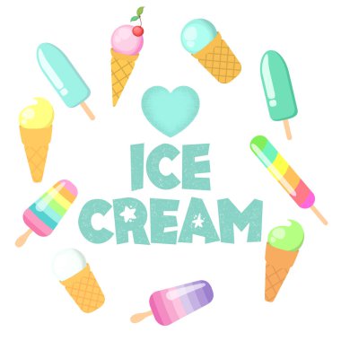 Sevimli renkli karikatür dondurmaları ve beyaz arka planda izole edilmiş el yazısı çizilmiş vektör çizimi. Yazdırma, kumaş, duvar kağıdı, kart tasarımı