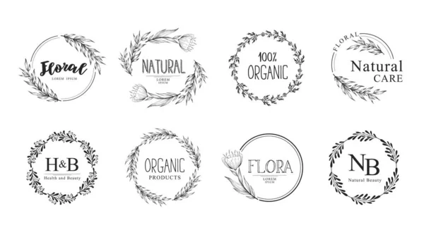Sammlung Von Vektor Handgezeichneten Floralen Logovorlagen Mit Zweigen Und Blumen — Stockvektor