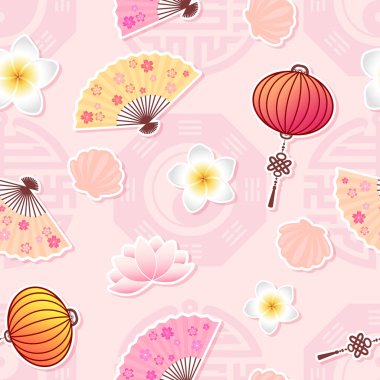 Pembe arka planda Asyalı sembolik elementlere ve işaretlere sahip kusursuz vektör deseni. Yazdırma, kumaş, kart, duvar kağıdı, ambalaj için tasarım