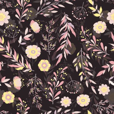 Siyah zemin üzerinde el çizimi çiçekler, yapraklar ve dallar bulunan kusursuz vektör deseni. Baskı, kumaş, davetiye, broşür, kart, duvar kağıdı, kapak için çiçek tasarımı şablonu