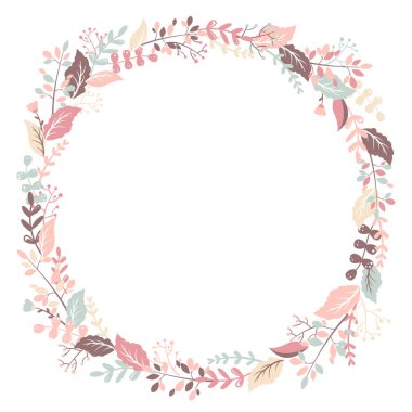 Beyaz arka planda elle çizilmiş renkli yapraklar, bitkiler ve dallardan oluşan yuvarlak çerçeveli vektör çizimi. Çiçek tasarım şablonu düğün davetiyesi, kart, broşür, kapak