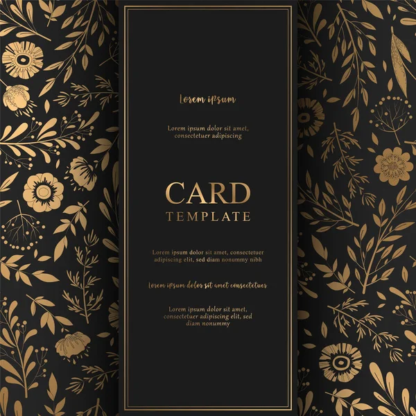 Elinde altın çiçekleri, otları, yaprakları ve siyah arkaplanda dalları olan çiçek vektör kartı. Yazdırma, kumaş, davet, broşür, kart, kapak, duvar kağıdı için tasarım şablonu