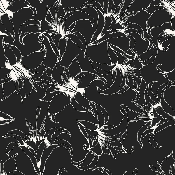 Monochroom Naadloze Vector Patroon Met Hand Getrokken Witte Lelies Bladeren — Stockvector