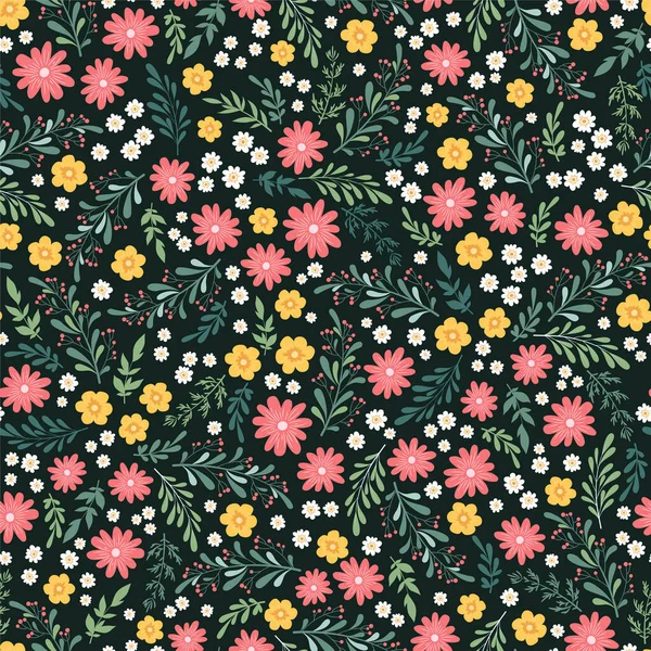 Sömlös Vektor Blommönster Med Små Handritade Färgglada Blommor Blad Och — Stock vektor