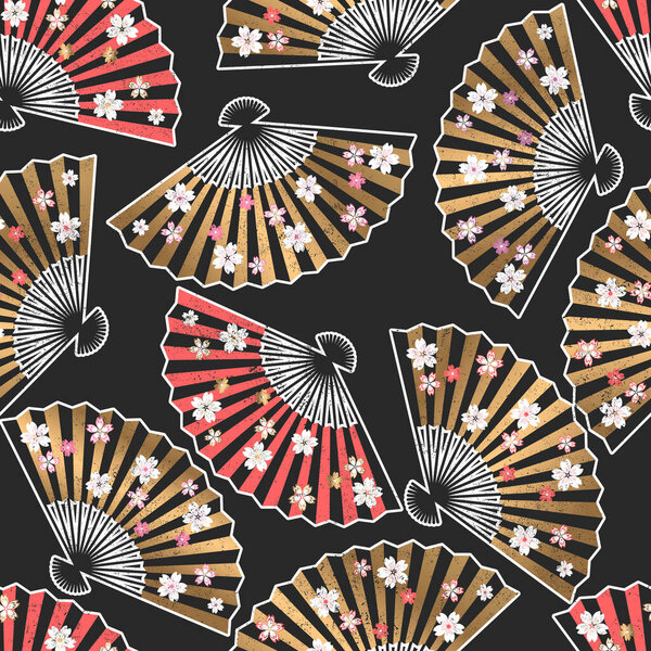 Seamless vector pattern with gold and red traditional asian fans and cherry flowers isolated on black background. Design for print, fabric, card, packaging, wallpaper