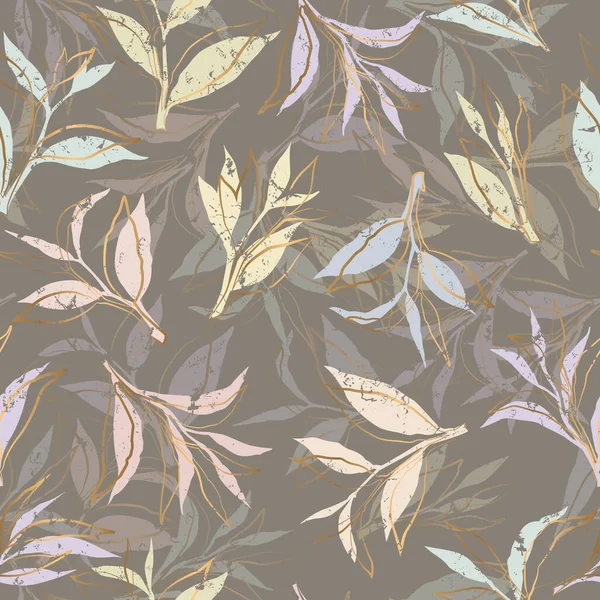 Seamless Vector Pattern Pastel Gold Leaves Isolated Grey Background Floral — Stock Vector