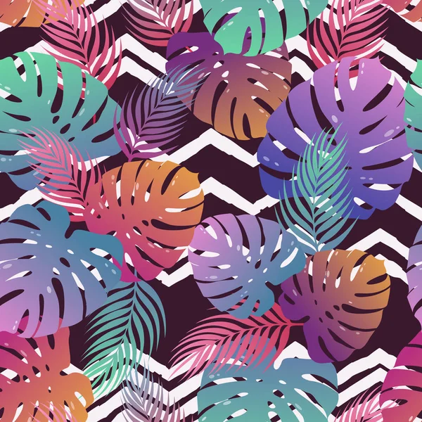 Tropical Vector Seamless Pattern Colorful Exotic Monstera Palm Leaves Geometrical — Stock Vector