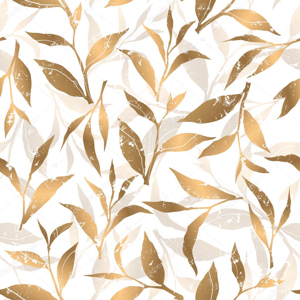 Seamless vector pattern with gold tea leaves isolated on white background. Floral design for greeting card, banner, packaging