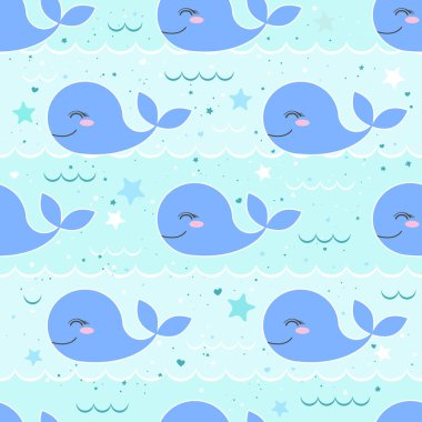 Deniz arka planında sevimli mavi balinalar olan kusursuz vektör deseni. Baskı, kumaş, duvar kağıdı, kart, bebek partisi için tasarım