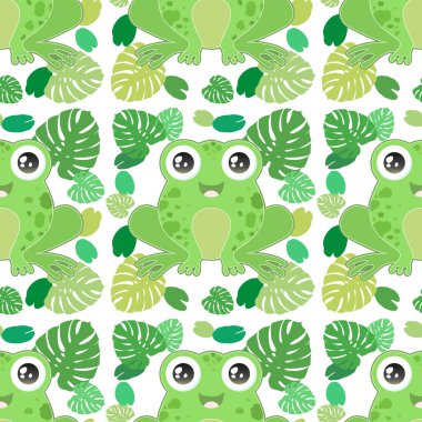 Beyaz arka planda şirin yeşil kurbağaları olan kusursuz vektör deseni. Baskı, kumaş, duvar kağıdı, bebek partisi, kart tasarımı