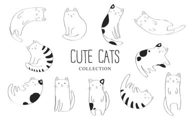 Beyaz arka planda izole edilmiş siyah beyaz el çizilmiş kedilerin vektör koleksiyonu