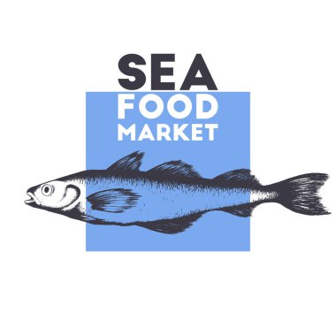 Beyaz arka planda siyah elle çizilmiş balık etiketli vektör çizimi. Balık pazarı, ambalaj, baskı ve kart için deniz ürünleri tasarımı