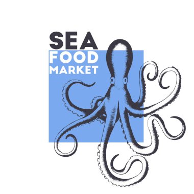 Beyaz zemin üzerinde siyah el çizilmiş ahtapot etiketli vektör çizimi. Balık pazarı, ambalaj, baskı ve kart için deniz ürünleri tasarımı