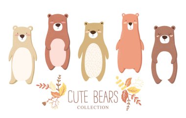 Sevimli el çizimi olan vektör illüstrasyonu beyaz arkaplanda izole edilmiş karakterler koleksiyonu taşır. Baskı, kumaş, duvar kağıdı, kart, bebek partisi için tasarım