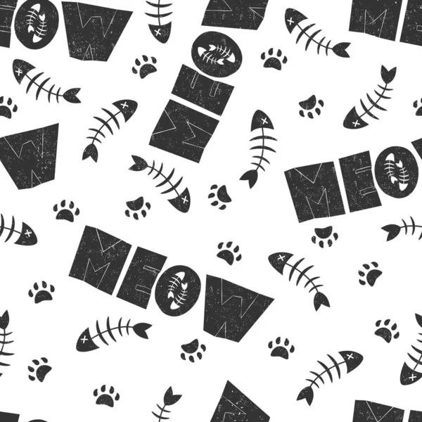 Seamless Vector Pattern Black White Cat Paws Fish Bones Lettering — Stock Vector