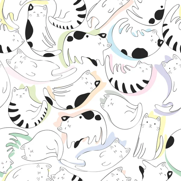 Siyah beyaz elli kusursuz vektör deseni beyaz arka planda izole edilmiş şirin kediler ve renkli gölgeler çiziyor. Kumaş, tişört baskısı, kart, duvar kağıdı için tasarım
