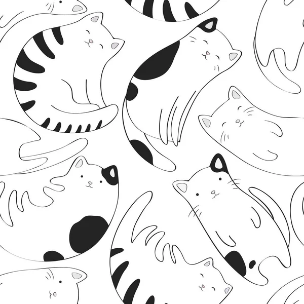 白を基調とした黒と白の手描きのかわいい猫が描かれたシームレスなベクトルパターン ファブリック Tシャツプリント カード 壁紙のデザイン — ストックベクタ