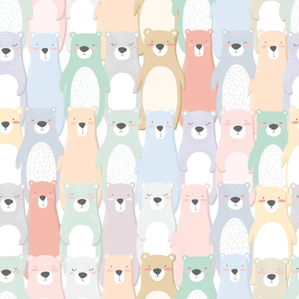 カラフルな手描きのかわいいクマが白い背景に隔離されたシームレスなベクトルパターン ファブリック Tシャツプリント カード用のデザイン — ストックベクタ