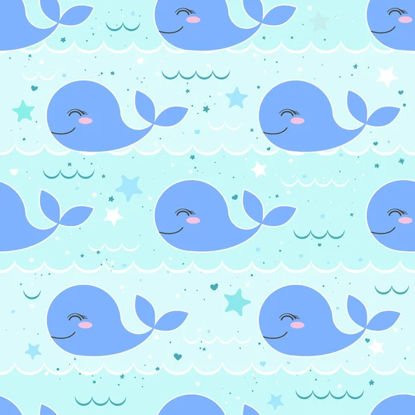 海を背景にかわいいブルーのクジラとシームレスベクトルパターン プリント ファブリック カード ベビーシャワー用のデザイン — ストックベクタ