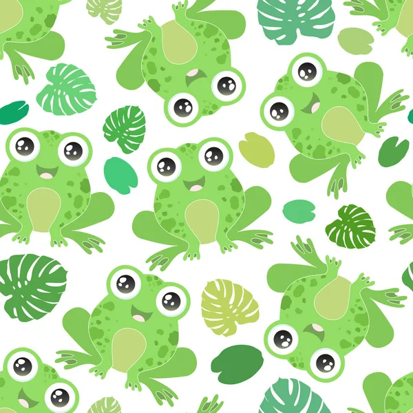 白い背景にかわいい緑のカエルとシームレスなベクトルパターン プリント ファブリック カード ベビーシャワー用のデザイン — ストックベクタ