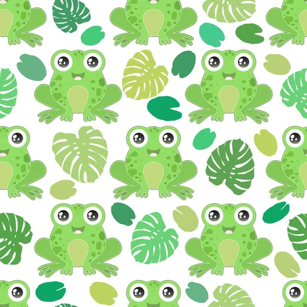 白い背景にかわいい緑のカエルとシームレスなベクトルパターン プリント ファブリック ベビーシャワー カード 壁紙のデザイン — ストックベクタ