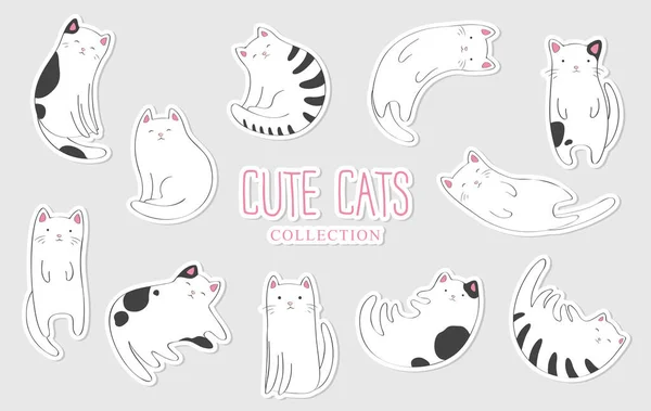 Çizgi filmlerdeki sevimli el çizimlerinden oluşan vektör koleksiyonu açık gri arkaplanda izole edilmiş kedi etiketleri.