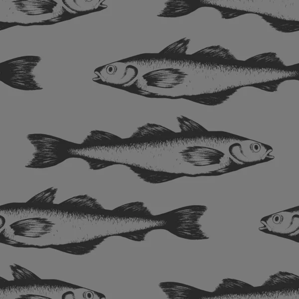 Διάνυσμα Αδιάλειπτη Μοτίβο Μαύρα Ψάρια Ζωγραφισμένα Στο Χέρι Απομονώνονται Γκρι — Διανυσματικό Αρχείο