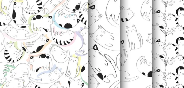 Collection Motifs Vectoriels Sans Couture Avec Des Chats Mignons Dessinés — Image vectorielle