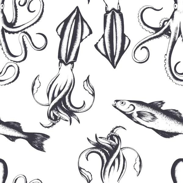 Vektorový Bezešvý Vzor Černými Ručně Kreslenými Olihněmi Rybami Chobotnicemi Izolovanými — Stockový vektor