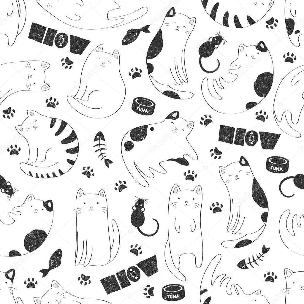 Seamless vector pattern with black and white cute cats, fish bones, cat paws, pet food on white background. Cat lover design for print, fabric, card, wallpaper, packaging