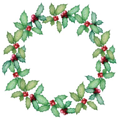 Beyaz arka planda izole edilmiş suluboya elle çizilmiş Noel çelengi. Davetiyeler, posterler ve tebrik kartları için Noel dekorasyonu.