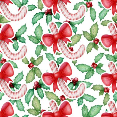 Beyaz arka planda el yapımı kutsal yapraklar, böğürtlenler ve lolipoplar olan kusursuz bir suluboya deseni. Baskı, kart, davetiye, duvar kağıdı, kumaş, ev dekorasyonu