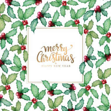 Mutlu Noeller ve suluboya elle çizilmiş mutlu yıllar ve beyaz arka planda altın harfler. Davetiyeler, posterler ve tebrik kartları için Noel dekorasyonu.