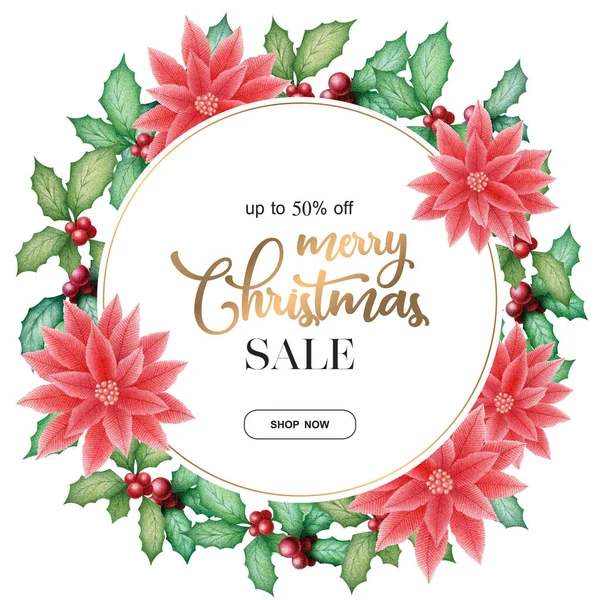 Christmas Sale Illustration Hand Drawn Floral Wreath Green Holly Leaves — Stock Photo, Image