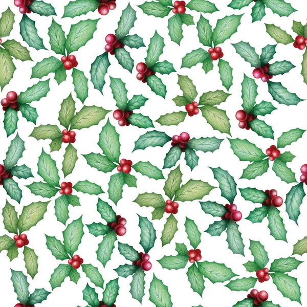 Weihnachten Nahtlose Aquarellmuster Mit Handgezeichneten Stechpalmenblättern Und Beeren Isoliert Auf — Stockfoto