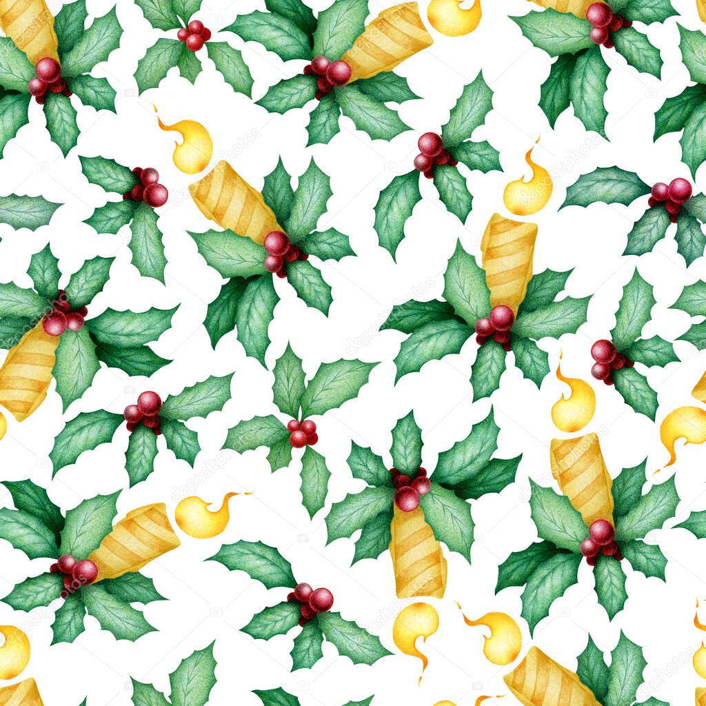 Christmas seamless watercolor pattern with hand drawn holly leaves, berries and candles isolated on white background. Illustration for print, card, invitation, wallpaper, fabric, home decor