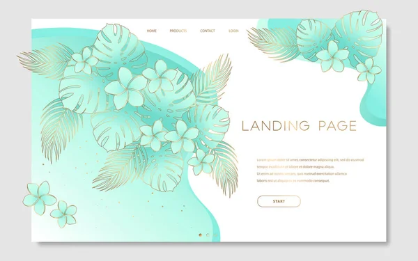 Altın renkli canavar şablonu, palmiye yaprakları ve açık yeşil ve beyaz arka planda egzotik çiçekler. Web sitesi geliştirme için tropik botanik tasarım vektör çizimi kavramı
