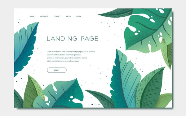 Beyaz arka planda yeşil renkli egzotik palmiye yaprakları ve canavar desenli iniş sayfası şablonu. Web sitesi geliştirme için tropik botanik tasarım vektör çizimi kavramı