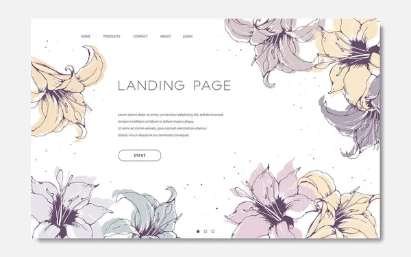 Beyaz arkaplanda elle çizilmiş renkli zambaklar içeren sayfa şablonu indiriliyor. Web sitesi geliştirme için çiçek tasarımı vektör illüstrasyonu kavramı