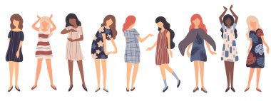 Farklı ırklarda, çeşitli giysiler içinde ve beyaz arka planda izole edilmiş genç kadınların toplanması. Basit düz biçimli insanlarla vektör illüstrasyonu